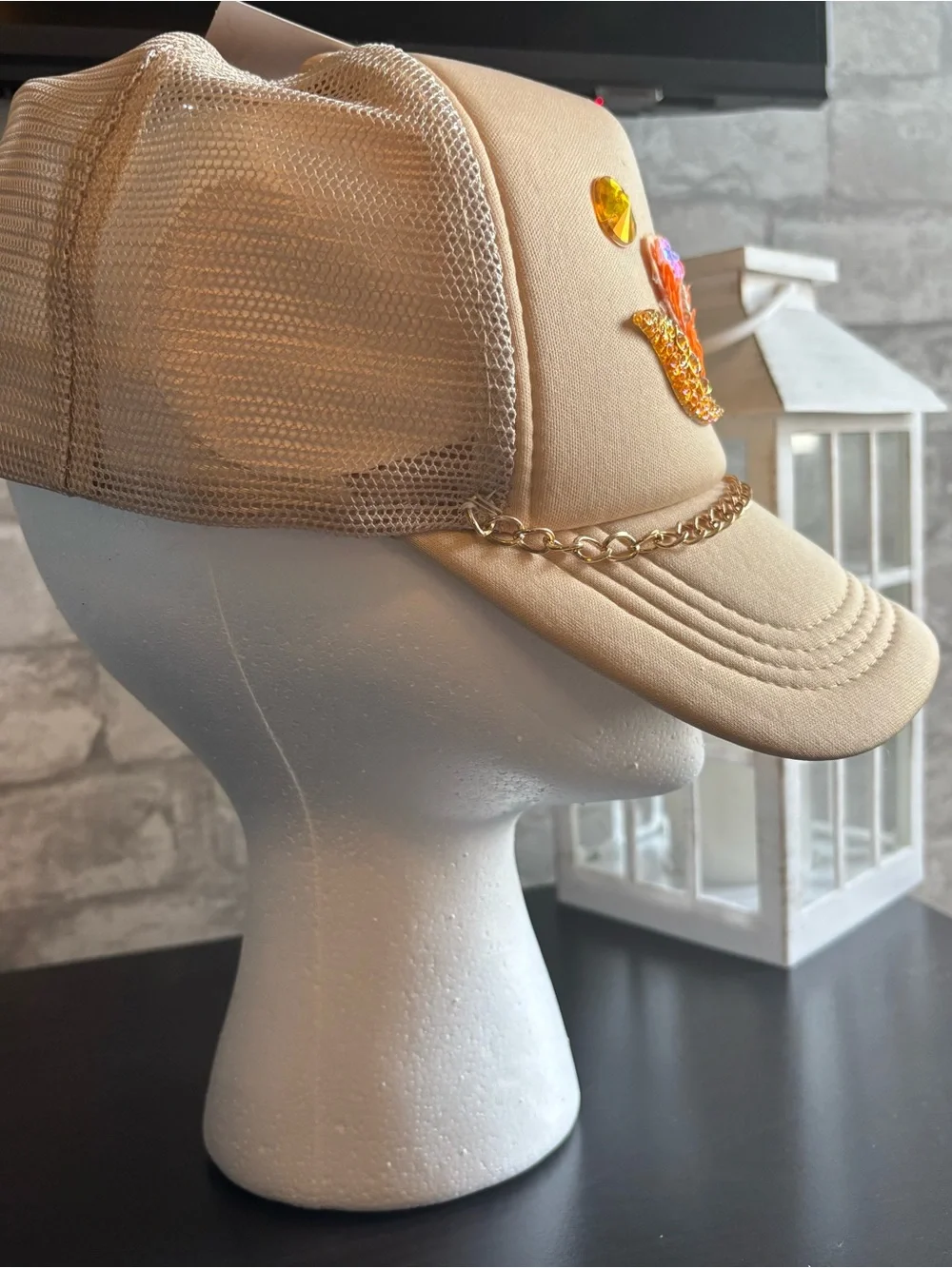 Beige Sequin, Gold Chain Embellished Trucker Cap (Handmade design).